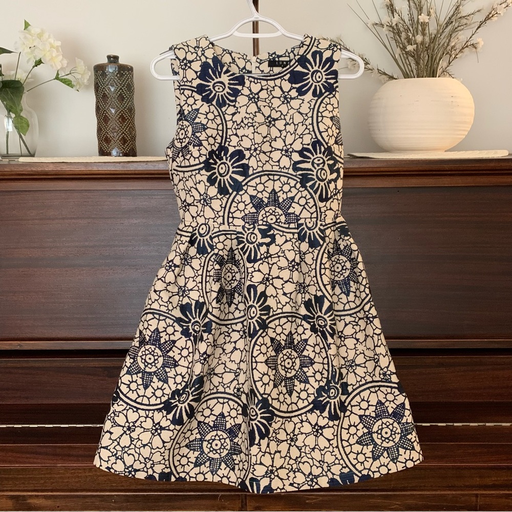 Ivory & Navy Floral Brocade Dress, Size Small